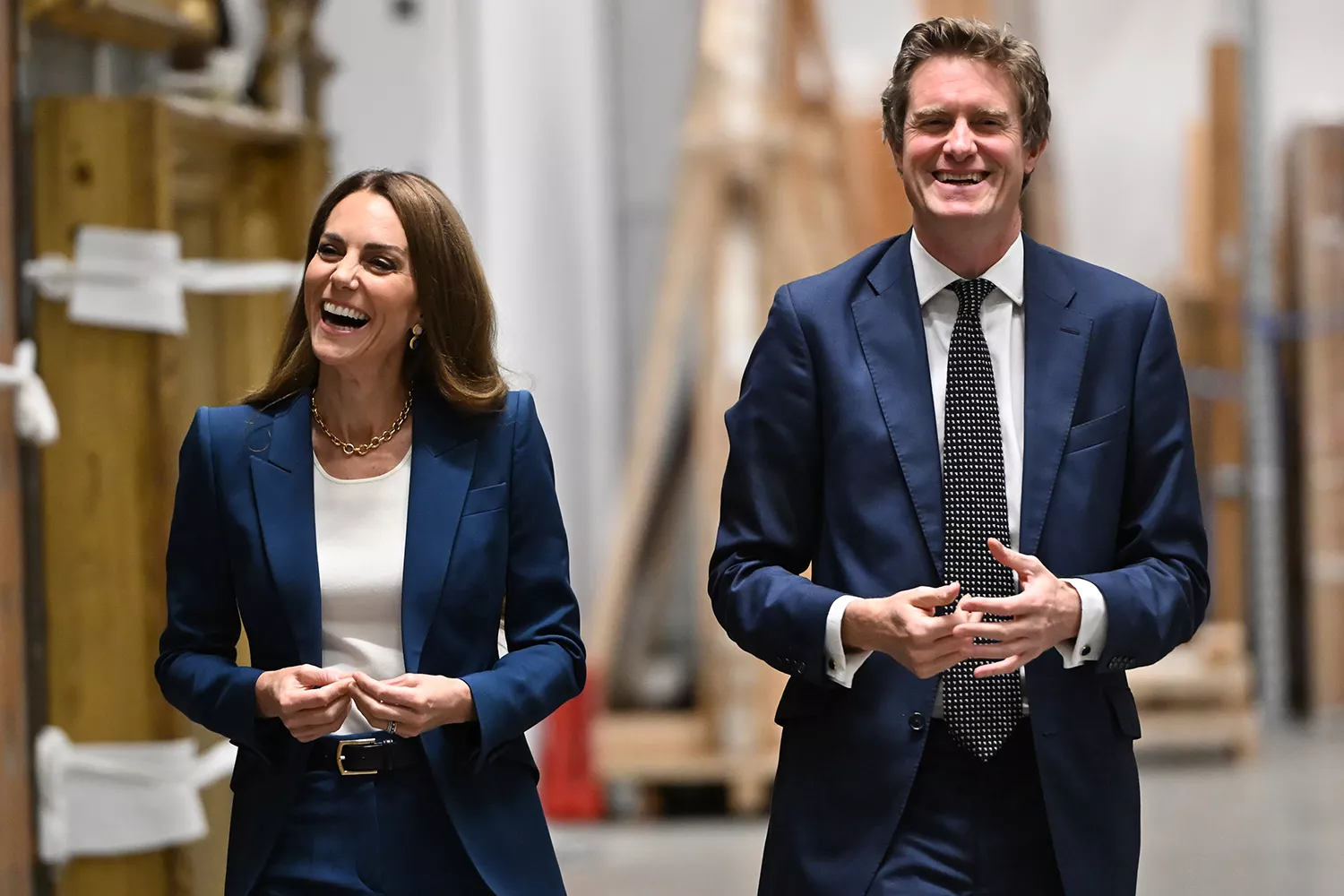 Catherine, Princess of Wales talks with Tristram Hunt Director of The V&A during a visit to the V&A East Storehouse on June 10, 2025 in London,