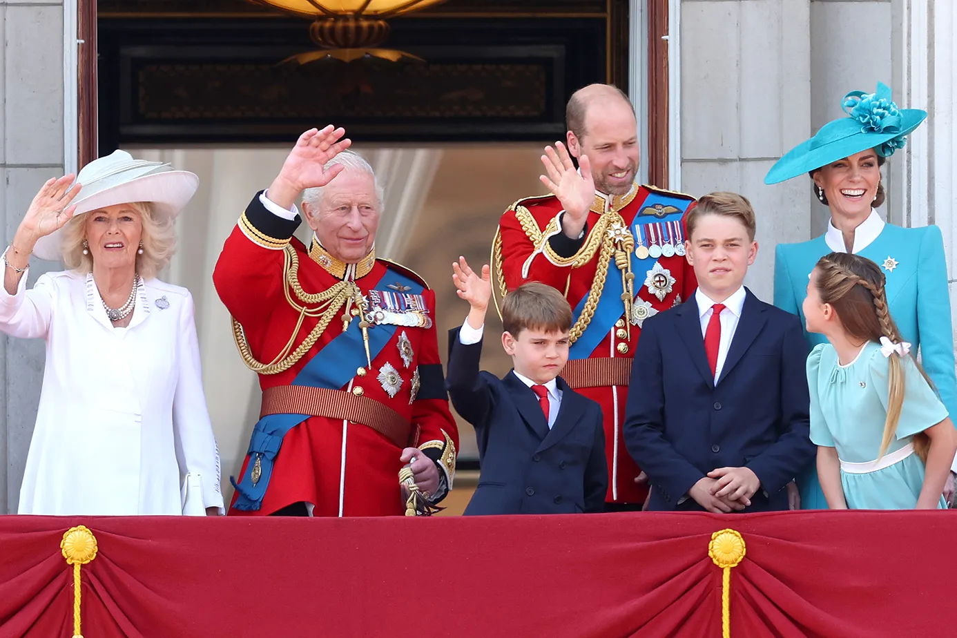 Queen Camilla, King Charles III, Prince Louis of Wales, Prince William, Prince of Wales, Prince George of Wales, Princess Charlotte of Wales and Catherine, Princess of Wales on the balcony of Buckingham Palace during Trooping The Colour 2025 on June 14, 2025 in London, England. 