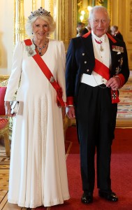 WINDSOR, ENGLAND - JULY 08: Queen Camilla and King Charles III attend the State Banquet at Windsor Castle on July 08, 2025 in Windsor, England. President Emmanuel Macron and Mrs Brigitte Macron visit the UK in the first visit State Visit made by France in 17 years. They are staying at Windsor Castle, hosted by King Charles III and Queen Camilla, and a banquet will be held there in their honour. The Macrons will visit Imperial College, and the President will address Parliament during his stay. (Photo by Chris Jackson/Getty Images)