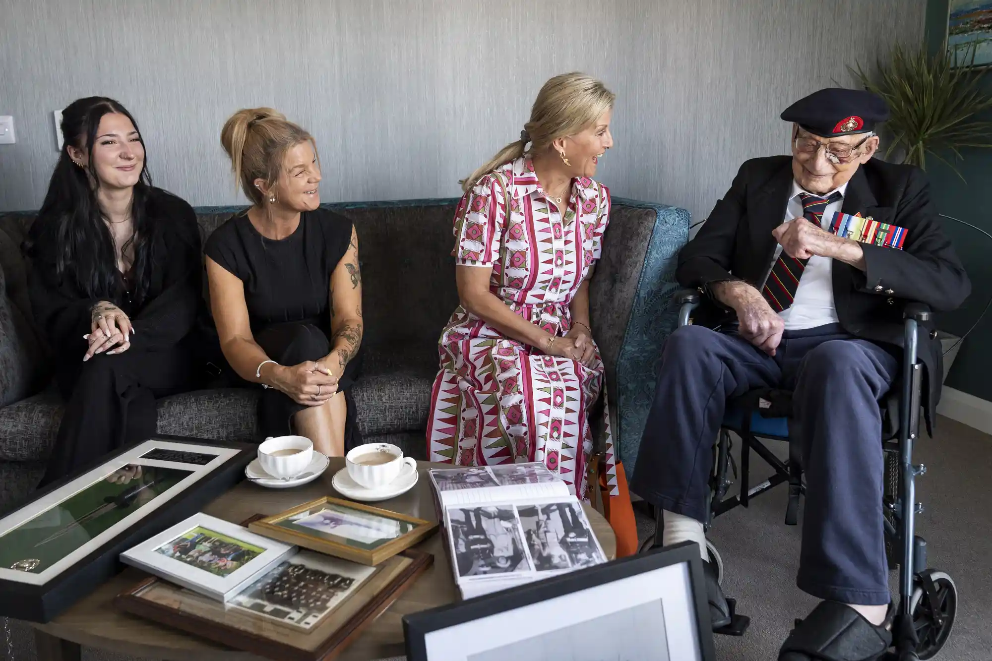 Freya Dables, Kirsty Dables, Sophie, Duchess of Edinburgh, patron of the Java Far East Prisoner of War Club 1942, and 105-year-old Royal Marines veteran James 'Jim' Wren sit together at the Old Sarum Manor Care Home in Salisbury, ahead of the 80th anniversary of VJ Day on August 12, 2025 in Salisbury, England. 