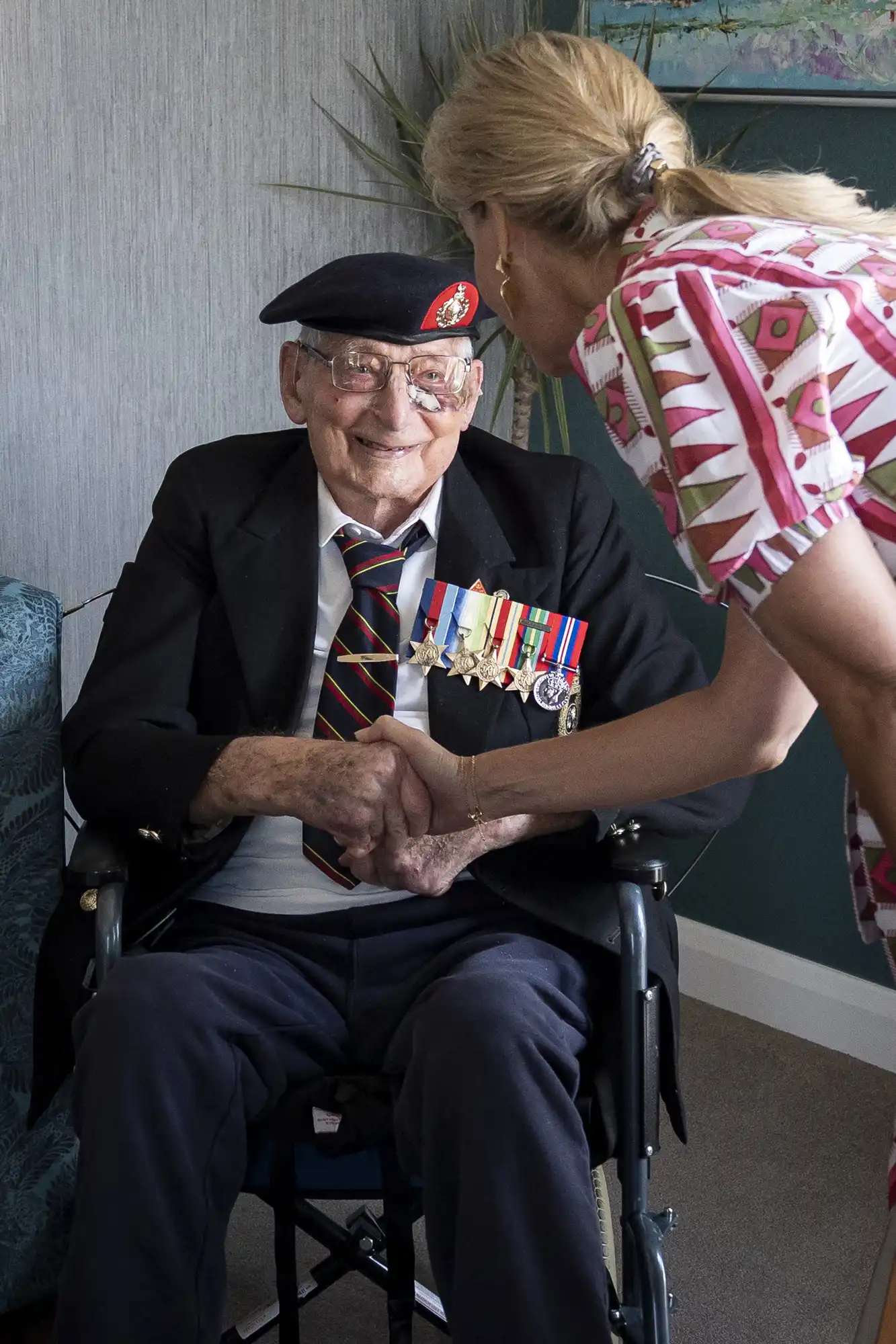 Sophie, Duchess of Edinburgh, patron of the Java Far East Prisoner of War Club 1942, meets 105-year-old Royal Marines veteran James 'Jim' Wren, at the Old Sarum Manor Care Home in Salisbury, ahead of the 80th anniversary of VJ Day on August 12, 2025 in Salisbury, England. 