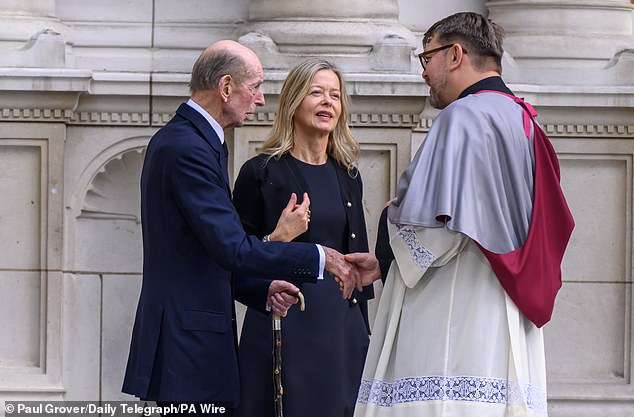 Lady Helen Taylor and the Duke of Kent speak with with the Dean of Westminster Cathedral Father Slawomir Witoń ahead of the arrival of the coffin of the Duchess of Kent yesterday