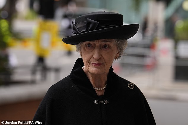 Lady Susan Hussey arrives for the requiem mass service for the Duchess of Kent today