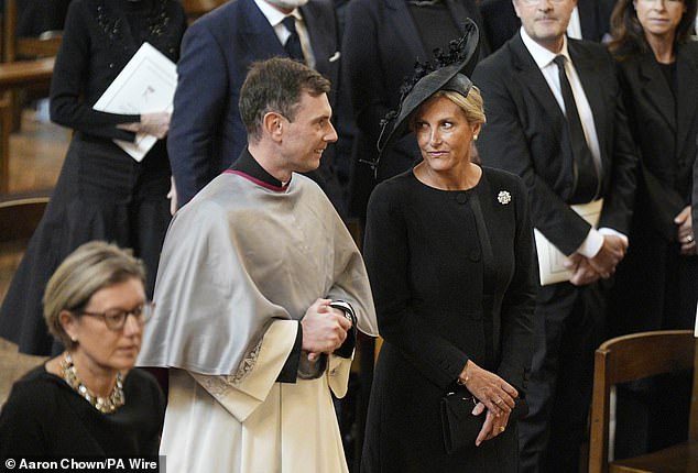 The Duchess of Edinburgh arrives for the requiem mass service for the Duchess of Kent today