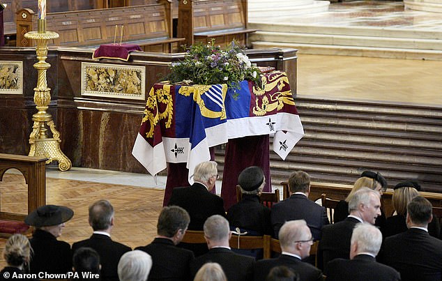The coffin of the Duchess of Kent lies during the requiem mass service this afternoon
