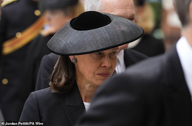 Lady Sarah Chatto arriving for the requiem mass service for the Duchess of Kent today