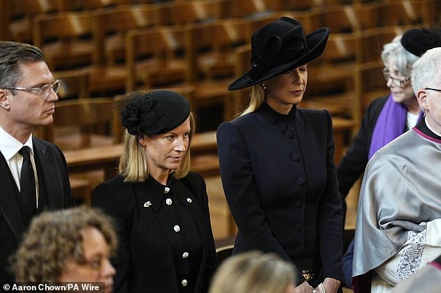 Lady Rose Gilman (left) and Lady Gabriella Windsor arrive for the requiem mass today