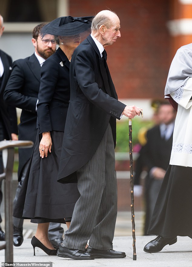In emotional scenes, the 89-year-old was sombre as he attended the Duchess of Kent's funeral at Westminster Cathedral on Tuesday