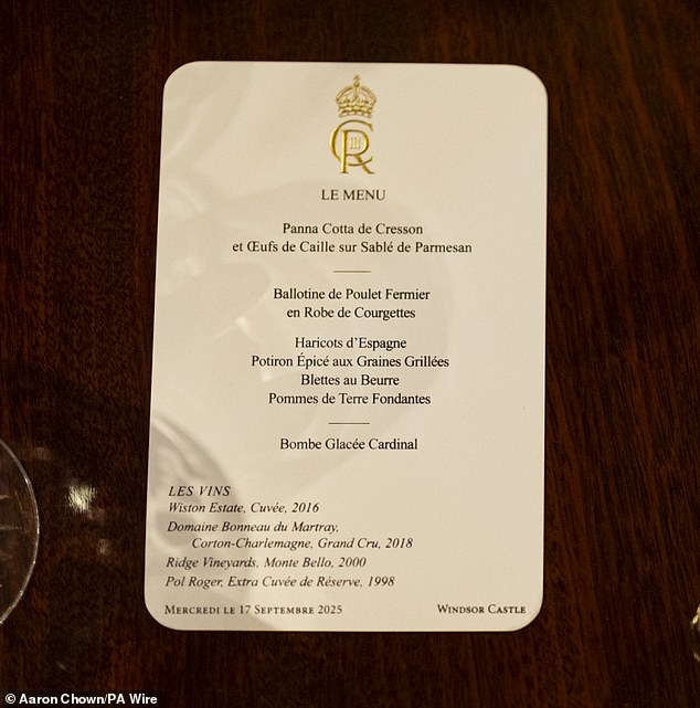 The menu for the dinner featured Hampshire watercress panna cotta, organic Norfolk chicken ballotine and vanilla ice bombe with a Kentish raspberry sorbet interior