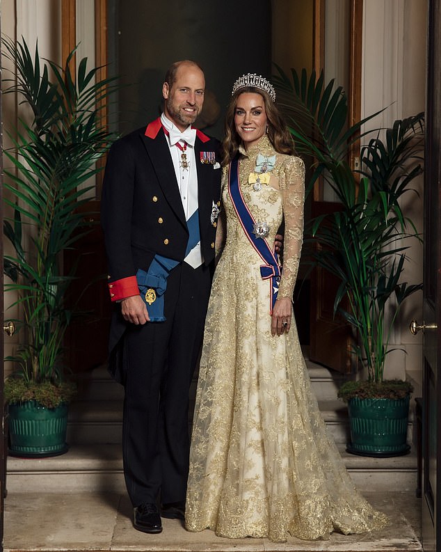 Kate Middleton wore a full-length gown with a gold lace overlay as she attended the state banquet at Windsor Castle on Wednesday