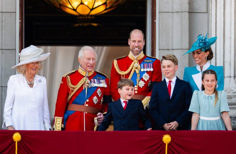 LONDON, ENGLAND - JUNE 14: Queen Camilla, King Charles III, Prince Louis of Wales, Prince William, Prince of Wales, Prince George of Wales, Catherine, Princess of Wales and Princess Charlotte of Wales during Trooping The Colour 2025 on June 14, 2025 in London, England. Trooping The Colour is a ceremonial parade celebrating the official birthday of the British Monarch. The event features over 1,400 soldiers and officers, accompanied by 200 horses. More than 400 musicians from ten different bands and Corps of Drums march and while performing. (Photo by Samir Hussein/WireImage)