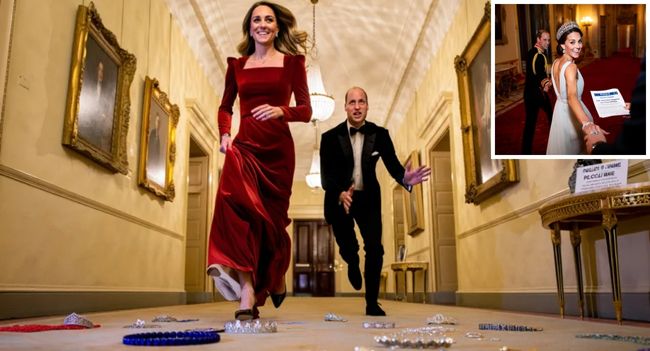 THE HEIST OF THE LOVE CROWN! BREAKING: A fake police report has shaken Buckingham Palace and left the internet in stitches! Duchess Kate allegedly staged a midnight jewel heist—but not for diamonds, rubies, or crowns. No, she had only ONE treasure in mind… Witnesses say Kate, dressed like a glamorous cat burglar, sprinted through palace hallways with a fake crown in hand, while Prince William—yes, in slippers and pajama pants—chased after her shouting, “Kate! Drop the jewels!” After 17 minutes of chaos (and at least three confused corgis), William finally caught her under a rose-covered archway. And there, she confessed with a smile that melted hearts across the nation: “The only jewel I want is you”