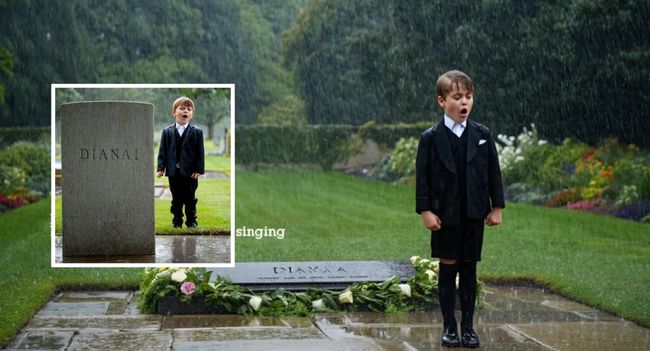 “I never got to meet you… but I know you can hear me singing.” At Princess Diana’s grave, in the rain-soaked stillness of Althorp, Prince Louis’s innocent words stopped everyone in their tracks. Just six years old, holding a small bouquet of wildflowers, he whispered a message to the grandmother he never met — and then softly began to sing. Witnesses say the atmosphere was electric… as if time itself froze. Prince William, unable to hold back his tears, was visibly moved as his youngest son unknowingly voiced the longing he has carried since losing his mother at just 15. Catherine stood close, her eyes glistening with emotion, as Louis’s simple tribute turned into something unforgettable. The heavens opened, and the rain poured down, but no one moved. It felt like the sky itself was weeping with him