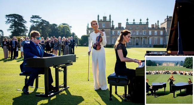 A Royal Tribute in Music That Left the World Breathless. Althorp, Northamptonshire — On a golden afternoon before Diana’s anniversary, history was written not in words, but in music. Sir Elton John returned to the piano, his fingers trembling with memory. Céline Dion shocked the crowd by setting aside her legendary voice and lifting a violin instead. And then came the most unexpected moment of all — Catherine, Princess of Wales, quietly sat at a second piano, joining them in a melody that was less performance, more prayer.  As the notes intertwined beneath the summer sky, onlookers fell silent. Witnesses said it felt as though the music was not for the audience, but for Diana herself — a conversation across time with the Princess the world still calls its Queen of Hearts