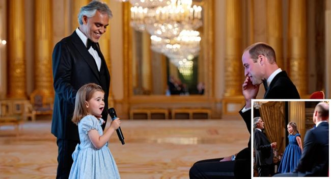 ROYAL SHOCKER AT THE PALACE! Last night, the world stood still as Princess Charlotte took the stage beside the legendary Andrea Bocelli in a moment no one will ever forget. Her voice was pure magic, her presence radiant — but it wasn’t just the duet that left everyone in tears… When the final note faded, Charlotte turned to her father, Prince William, and delivered a heartfelt message so powerful that it broke the hearts of everyone watching. Witnesses say the entire hall was silent, with royals and dignitaries visibly moved. Some even compared the young princess’s words to the spirit of her late grandmother, Princess Diana