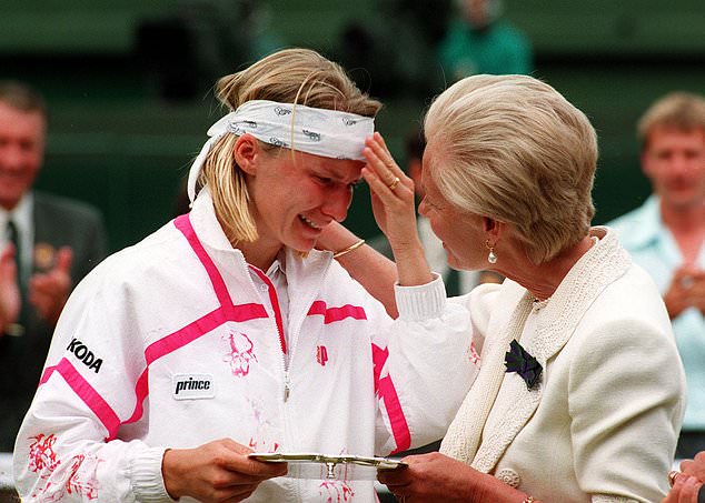 The Duchess of Kent comforts runner-up Jana Novotna on Centre Court at Wimbledon in 1993