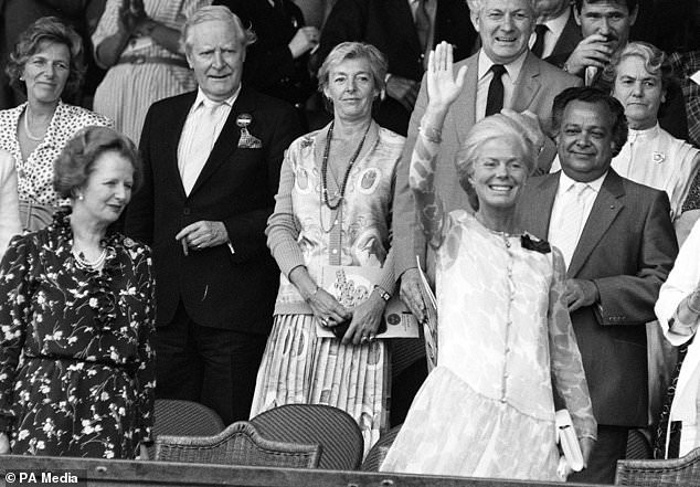 The Duchess of Kent acknowledges the crowd from the royal box at Wimbledon in 1985