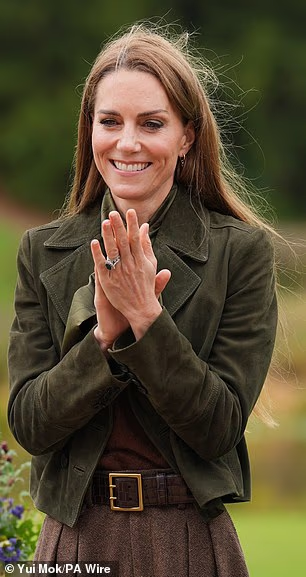 Kate wore a dark green suede jacket for the engagement