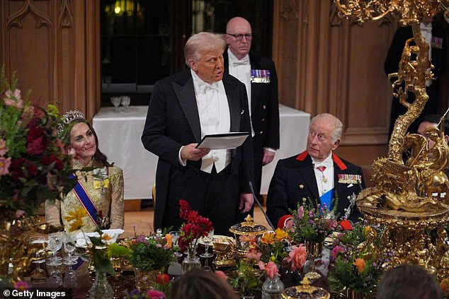 US President Donald Trump delivers his speech last night as King Charles III and the Princess of Wales listen during the state banquet at Windsor Castle for his state visit