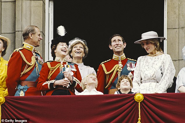 Philip, Queen Elizabeth II, Princess Michael of Kent, Prince Charles, and Diana are pictured on the balcony of Buckingham Palace at Trooping the Colour in 1983