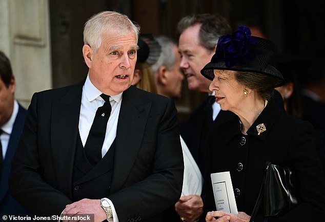 Prince Andrew and Princess Anne depart Westminster Abbey after the Requiem Mass