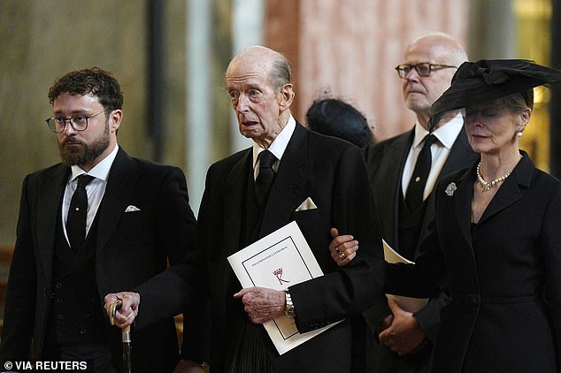 Pictured: The Duke of Kent and Lady Helen Taylor are seen leaving Westminster Cathedral this afternoon