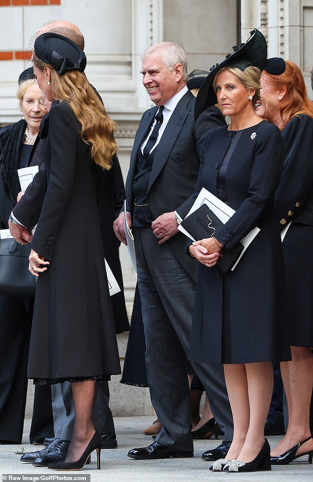 Prince Andrew and Fergie were seen laughing during what was a sombre occasion for the Duchess of Kent