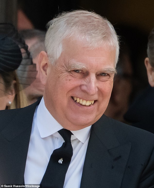 The Duke of York with a wide smile on his face as he attends the funeral of the Duchess of Kent