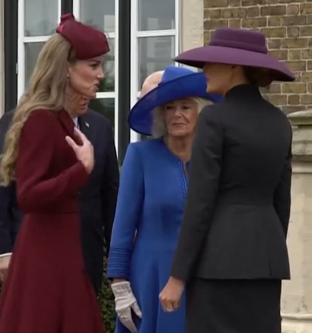As Kate continues to talk, and Melania appears entranced by the Princess of Wales' every word, the Queen stands awkwardly by