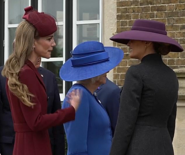 Eventually, Queen Camilla appears to cut her losses and leave the Princess of Wales and the First Lady deep in chat