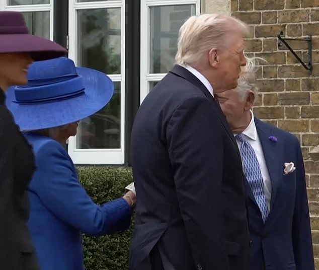 Camilla was also seen tapping the King on his shoulder, as she appeared eager to engage with the Monarch and President Trump