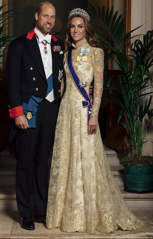 The Prince of Wales (pictured, left) and the Princess of Wales (pictured, right) are seen attending Wednesday's state banquet at Windsor Castle