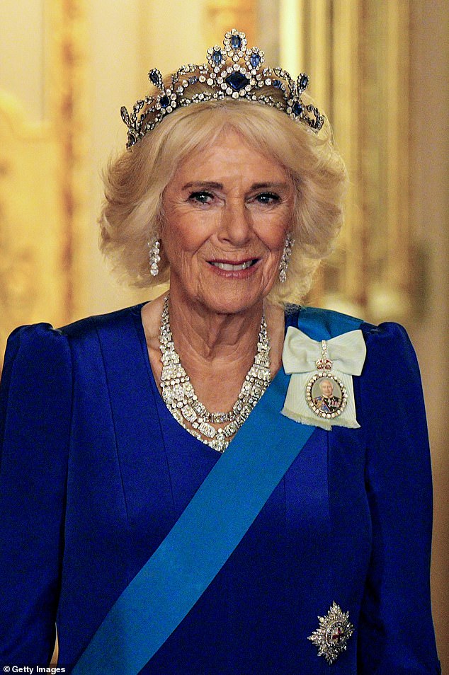 On Wednesday evening, Queen Camilla opted to wear the Belgian sapphire tiara, a dazzling diamond bandeau that dates back to 1932