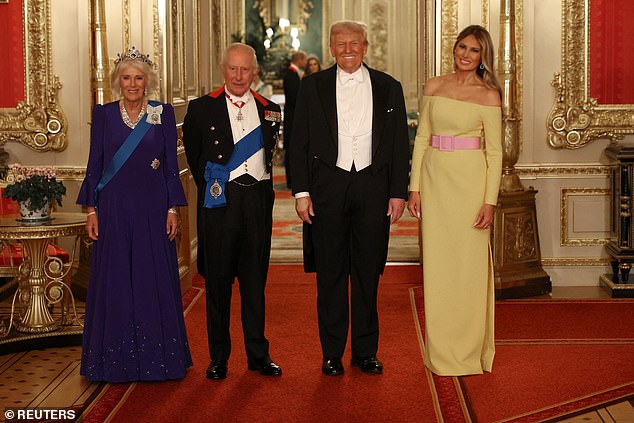 Queen Camilla, King Charles III, President Trump and first lady Melania arrive at the State Banquet on Wednesday night