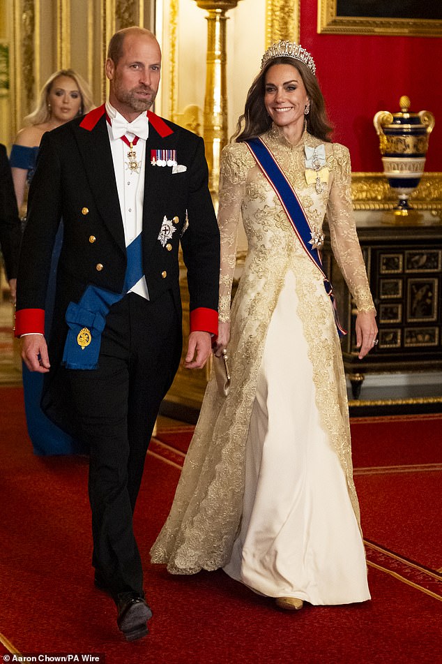 The Prince and Princess of Wales arrive for the state banquet at Windsor Castle last night