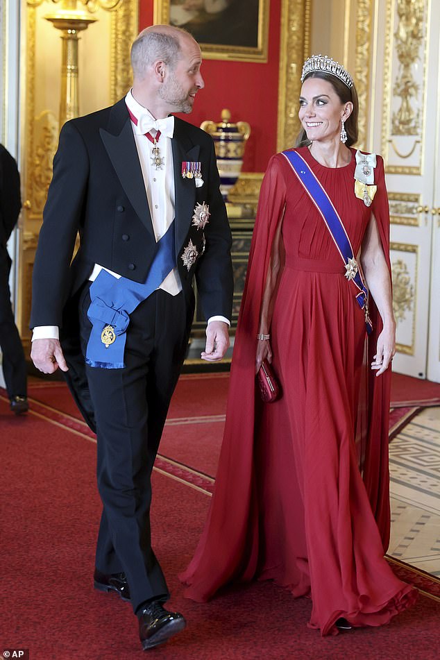 Kate has donned a similar hairdo at each subsequent banquet (Pictured with the Prince of Wales in July, 2025 at a state banquet at Windsor Castle)