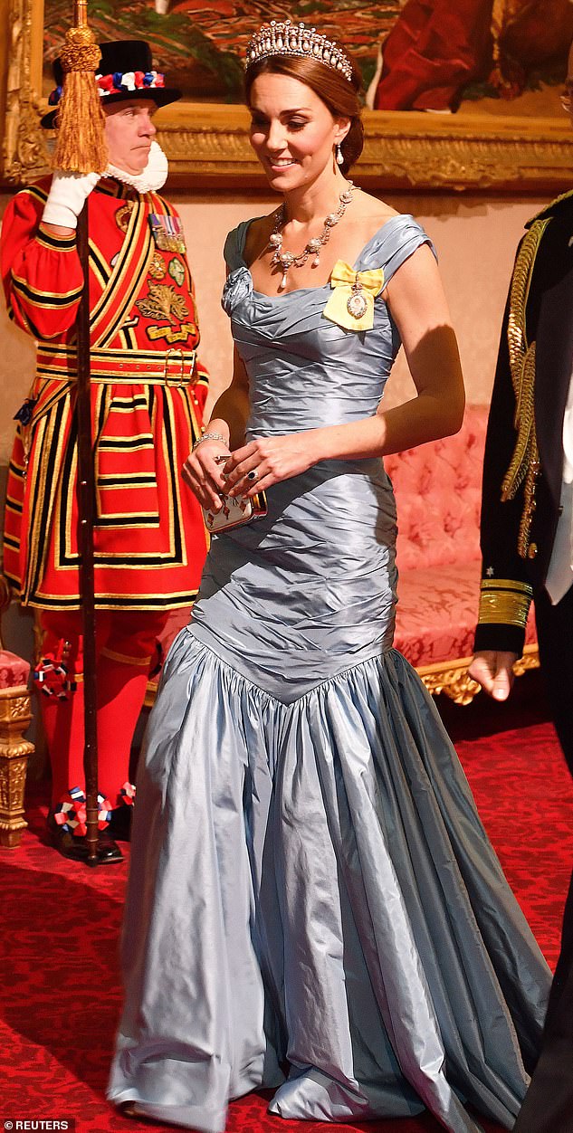 Kate appeared more relaxed at her third banquet for King Willem-Alexander and Queen Maxima of the Netherlands in 2018 (pictured) and during Trump's first official UK visit in 2019
