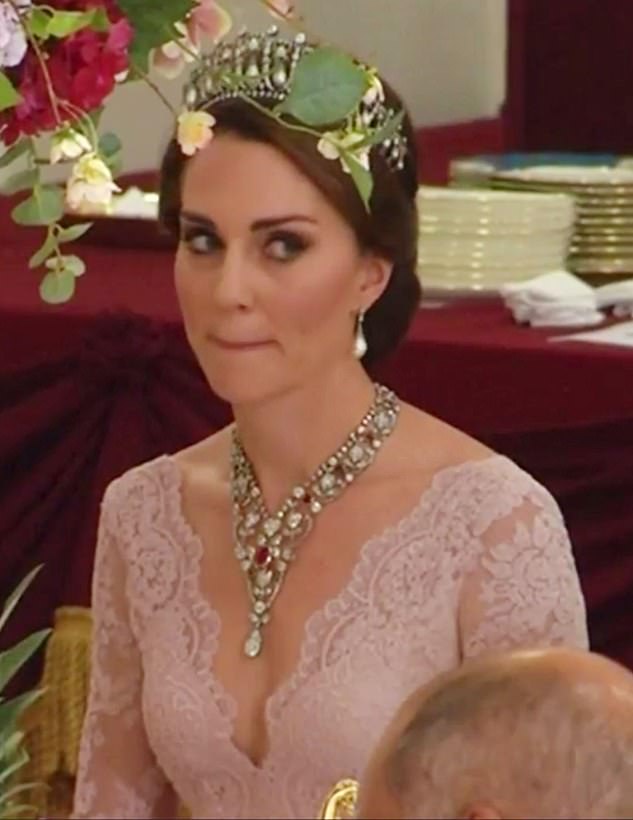 The then-Duchess of Cambridge attended her second state banquet in 2017, appearing to look around the room anxiously