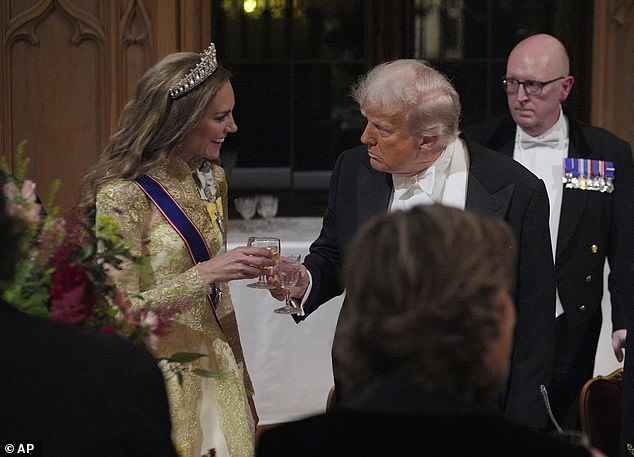 Kate was strategically placed at Mr Trump's right-hand side at the lavish Windsor Castle state banquet, laughing and clinking glasses with him and repeatedly bestowing dazzling smiles upon him during the meal