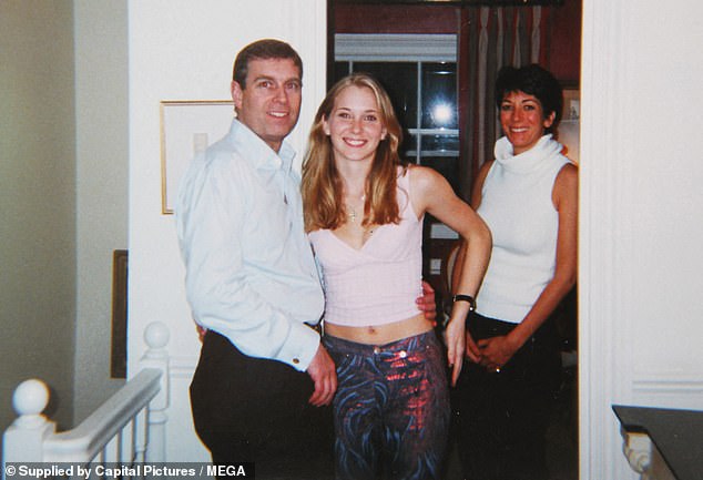 Prince Andrew smiling as he stands with his left arm around the waist of a young Virginia Roberts (now Virginia Giuffre) and Ghislaine Maxwell
