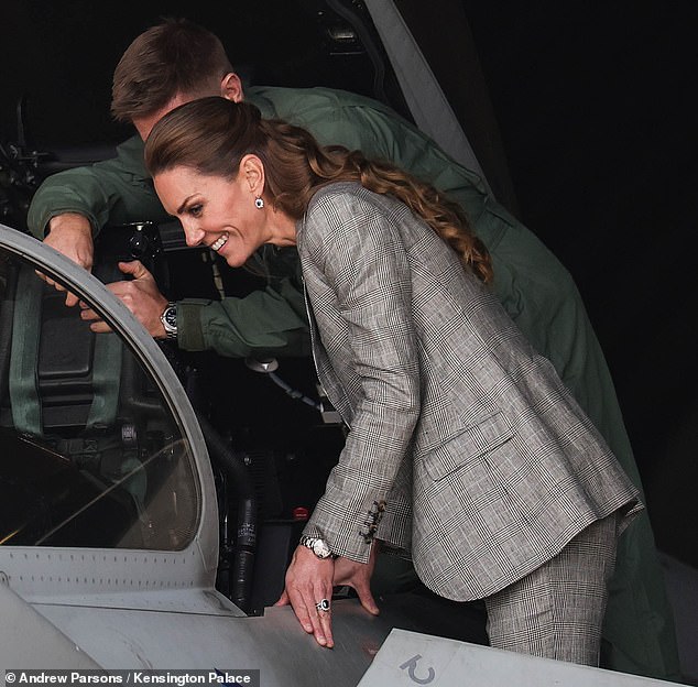 After landing via helicopter and being transported via Range Rover, Kate heard about the work of the Royal Air Force on recent operations, including supporting NATO 's work in Poland , before taking a look inside a Typhoon jet