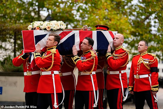 Her coffin was carried by members of the regiment, and the steps to the chapel were lined by dismounted dutymen from The Life Guards and The Blues and Royals Regiment