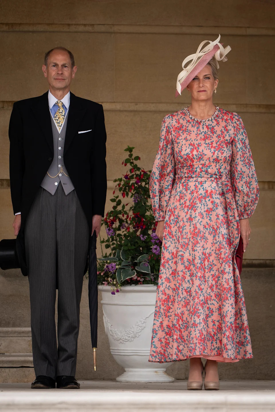 Prince Edward, Duke of Edinburgh, and Sophie, Duchess of Edinburgh, arrive at the Royal Garden Party at Buckingham Palace in London on May 20, 2025.