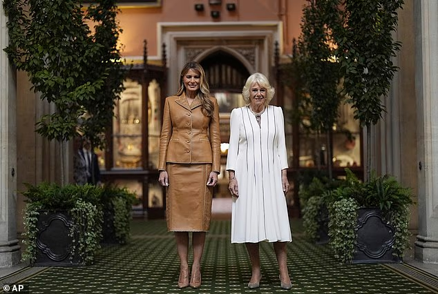 Melania Trump and Queen Camilla visit the Royal Library at Windsor Castle this morning