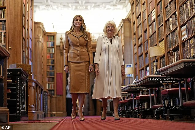 Melania Trump and Queen Camilla visit the Royal Library at Windsor Castle this morning