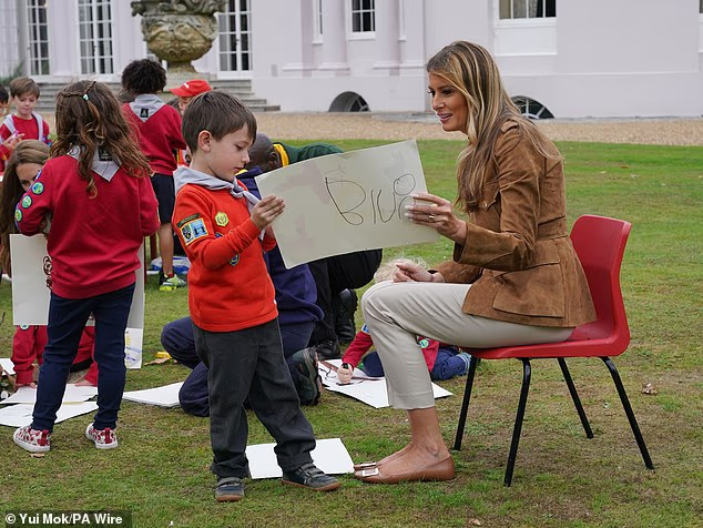 Melania Trump meets a group of young children at Frogmore in Windsor this morning