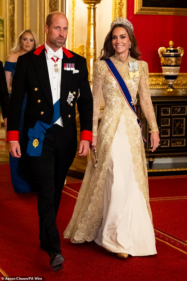 The Prince and Princess of Wales arrive for the state banquet at Windsor Castle last night