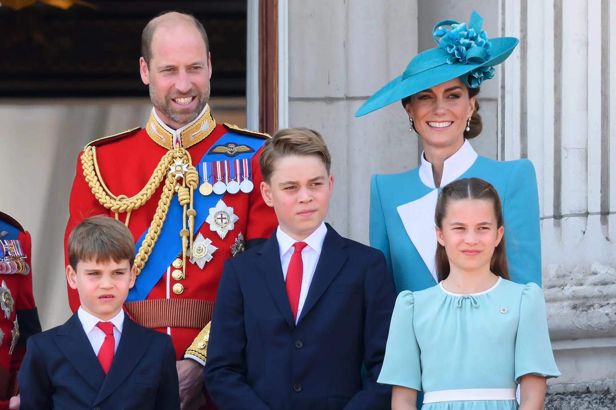 LONDON, ENGLAND - JUNE 14: Prince Louis of Wales, Prince William, Prince of Wales, Prince George of Wales, Catherine, Princess of Wales and Princess Charlotte of Wales on the balcony at Buckingham Palace during Trooping The Colour 2025 on June 14, 2025 in London, England. Trooping The Colour is a ceremonial parade celebrating the official birthday of the British Monarch. The event features over 1,400 soldiers and officers, accompanied by 200 horses. More than 400 musicians from ten different bands and Corps of Drums march and while performing