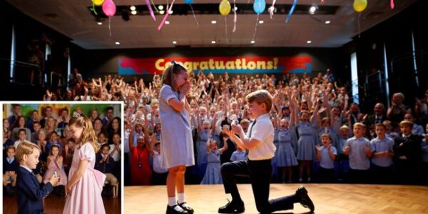 From a shy glance in a university lecture hall… to a love story that captured the hearts of millions — and now, it’s being retold by the next generation of royals. Prince George and Princess Charlotte just brought their parents’ love story to life in their school play — and the entire room was left in tears (yes, even Buckingham Palace). George stepped into his father’s shoes as young William — confident, charming, and every bit the prince he’s growing up to be. Charlotte, graceful and radiant as ever, played young Kate — capturing that same sparkle, kindness, and quiet strength her mother is so loved for. But the moment that left everyone breathless? When George dropped to one knee — recreating the proposal that made history — the hall erupted. Applause, laughter, a few gasps, and plenty of proud tears followed. What started as a simple school play turned into something magical — a reminder that behind every royal title is a story of love, family, and legacy carried forward by two little hearts who clearly adore their parents. Truly, a royal fairytale retold — by the ones who know it best