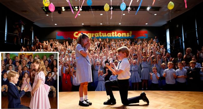 From a shy glance in a university lecture hall… to a love story that captured the hearts of millions — and now, it’s being retold by the next generation of royals. Prince George and Princess Charlotte just brought their parents’ love story to life in their school play — and the entire room was left in tears (yes, even Buckingham Palace). George stepped into his father’s shoes as young William — confident, charming, and every bit the prince he’s growing up to be. Charlotte, graceful and radiant as ever, played young Kate — capturing that same sparkle, kindness, and quiet strength her mother is so loved for. But the moment that left everyone breathless? When George dropped to one knee — recreating the proposal that made history — the hall erupted. Applause, laughter, a few gasps, and plenty of proud tears followed. What started as a simple school play turned into something magical — a reminder that behind every royal title is a story of love, family, and legacy carried forward by two little hearts who clearly adore their parents. Truly, a royal fairytale retold — by the ones who know it best